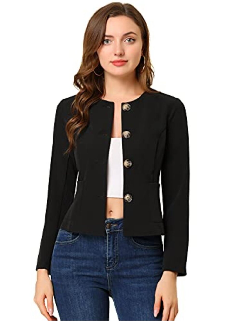 Women Casual Button Down Cropped Office Business Blazer Jacket